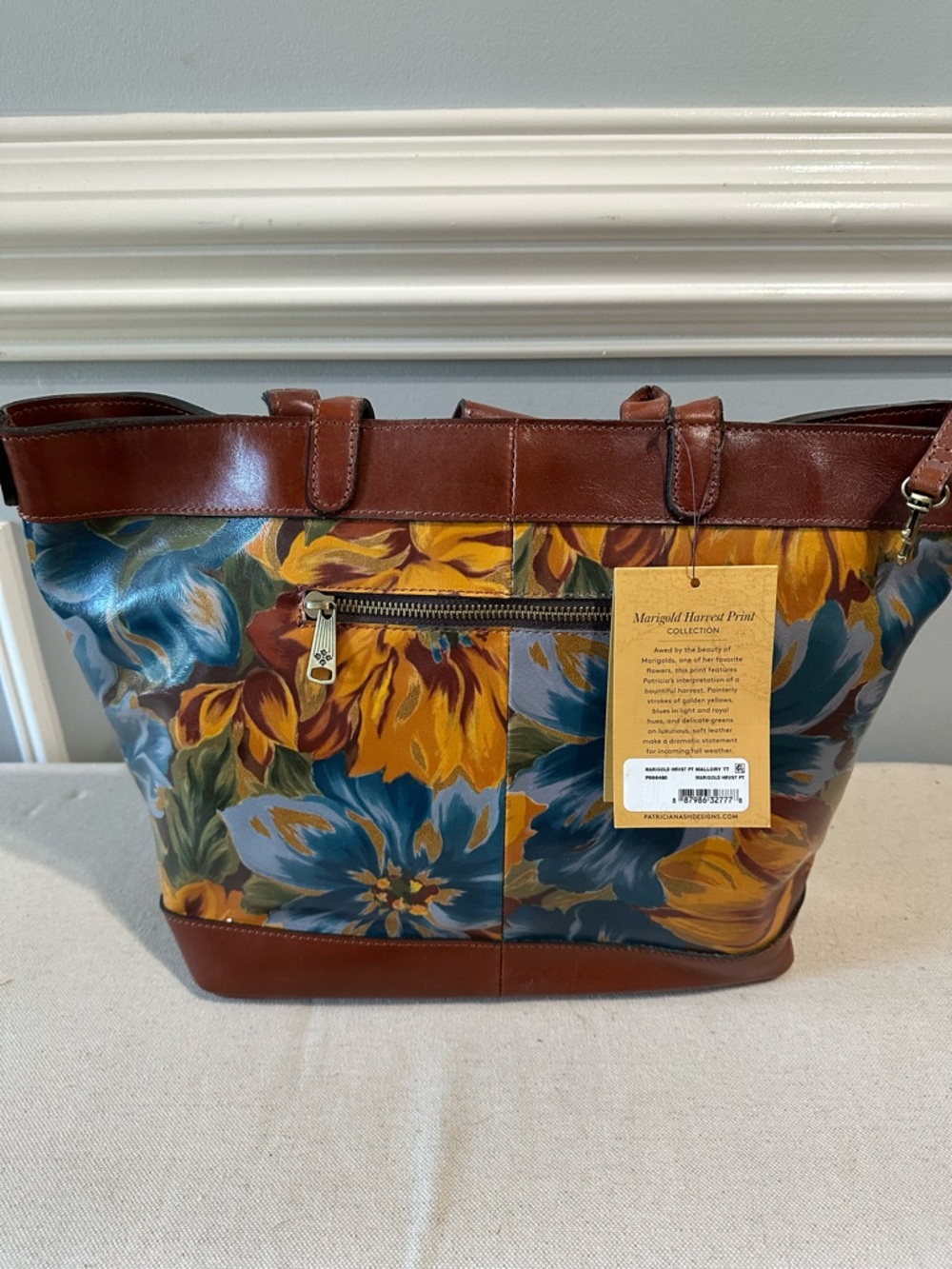 Patricia Nash Brown Trim Floral Tote with Teal and Mustard Blooms - Picture 3 of 4